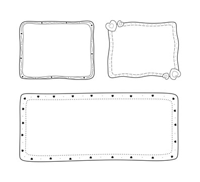 Set of vector frames in doodle style. Hand drawn frame collection isolated. Sketch of picture frame consists of lines, dots, squares and hearts.Blank black linear cadre in freehand.Vector illustration