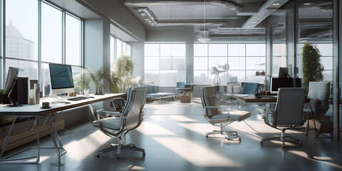 Fototapeta na wymiar Stylish interior of modern open space office with large windows
