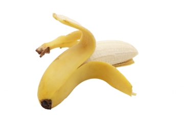 Half peeled banana isolated on a cutout png transparent background