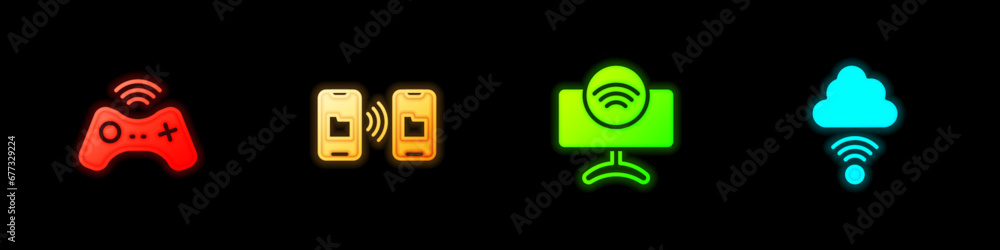Poster set wireless gamepad, data transfer and storage, smart tv system and network cloud connection icon. 