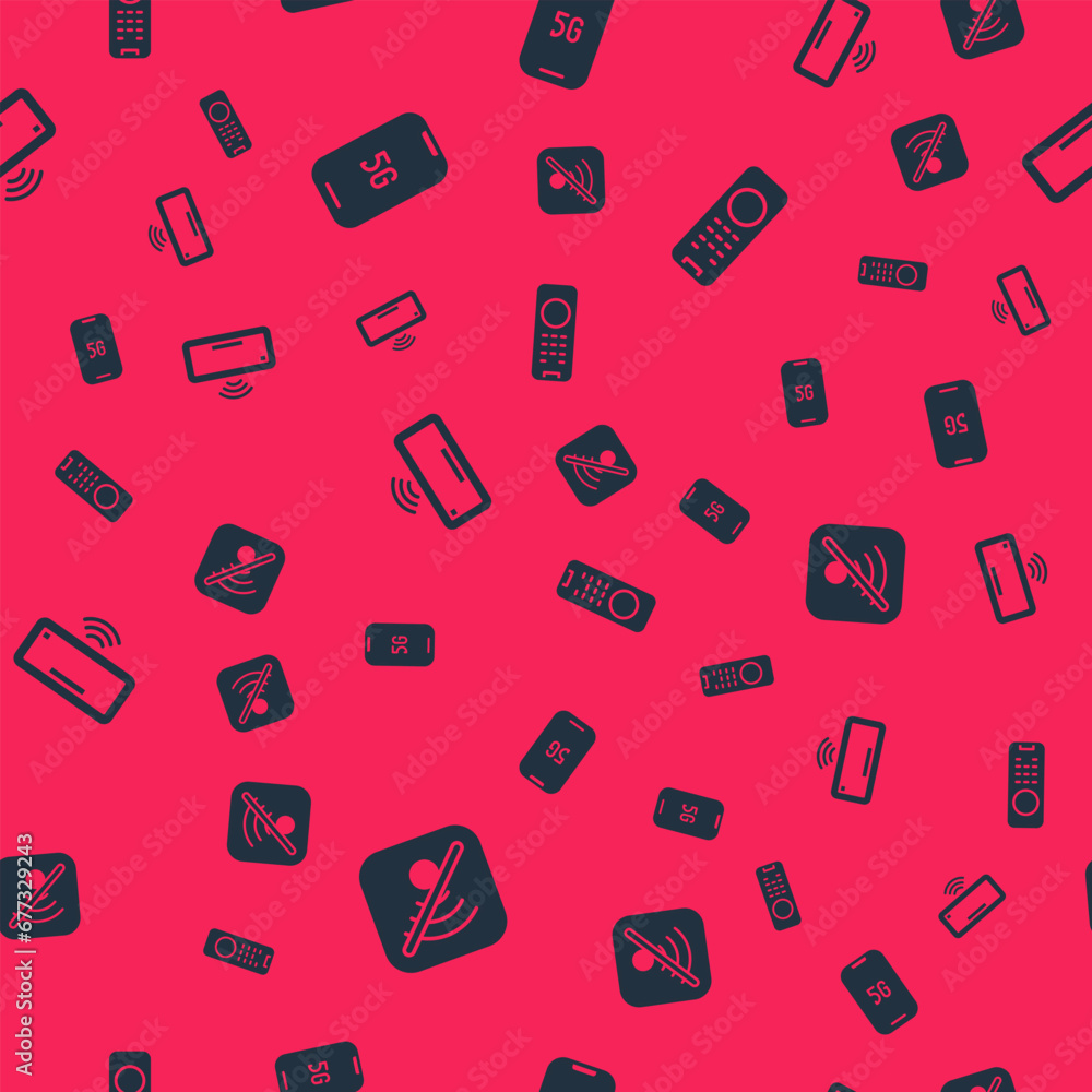 Poster set no wi-fi wireless internet, mobile with 5g, computer keyboard and remote control on seamless pat