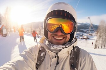 A group of happy smiling friends with ski googles looked at camera in the Ski resort. Beautiful winter sunny day - obrazy, fototapety, plakaty