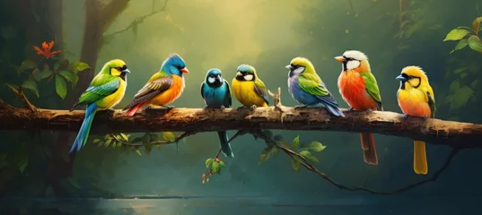 Poster Tropical birds sitting on a tree branch in the rainforest © Lubos Chlubny