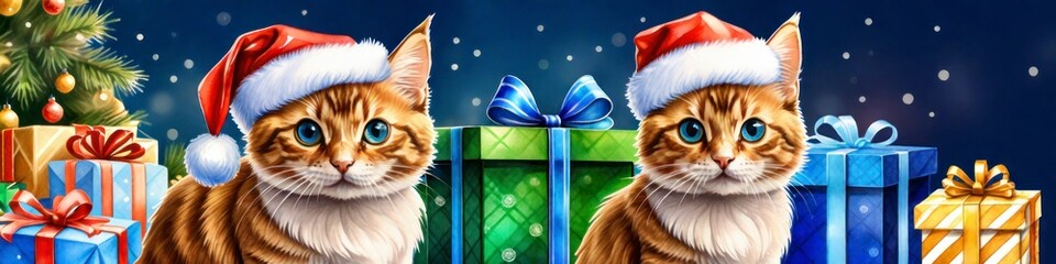 Christmas banner two kittens on background of presents and Christmas tree