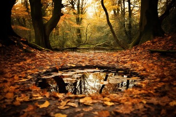 Fototapeta na wymiar Autumn leaves encircling a serene woodland puddle