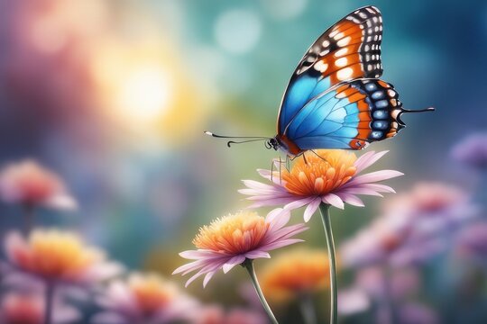 Poster in photorealistic style butterfly on flower on blurred natural background, concept Valentine's or birthday or Mother's Day or Women's Day.