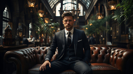 A handsome successful businessman in a black suit sits on a leather sofa in the lobby of an expensive hotel and looks confidently forward. Image business advertising. Fashion as a way of life.