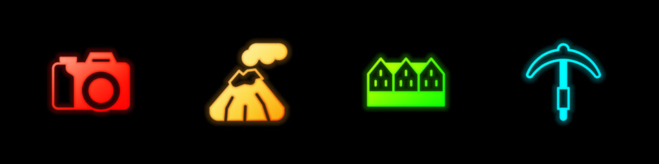 Set Photo camera, Volcano, Norwegian wooden house and Pickaxe icon. Vector