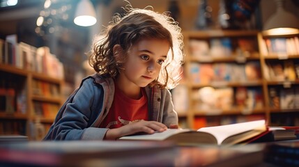 A child looking attentively at the books in a bookstore side view, interested in reading,back to school concept. Image of good education.