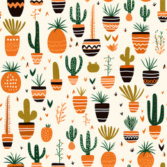 a hand drawn pattern of palm trees and cactuses - obrazy, fototapety, plakaty