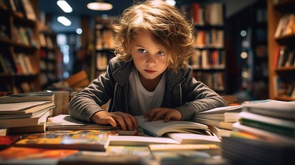 A child looking attentively at the books in a bookstore side view, interested in reading,back to...