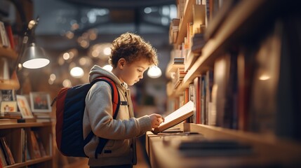 A child looking attentively at the books in a bookstore side view, interested in reading,back to school concept. Image of good education. - obrazy, fototapety, plakaty