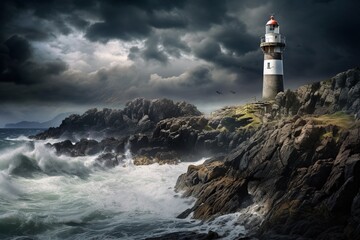 Fototapeta na wymiar A lone lighthouse on a rocky island under a stormy sky
