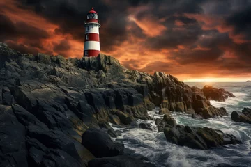 Zelfklevend Fotobehang A lone lighthouse on a rocky island under a stormy sky © Dan