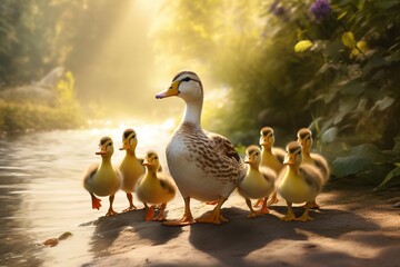 A line of ducklings following their mother along a sunlit riverbank