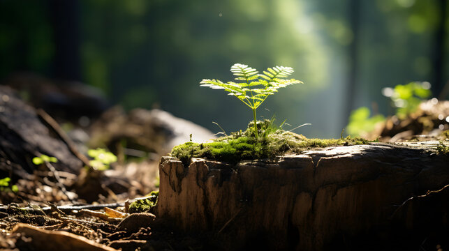 A young tree emerging from an old tree stump,