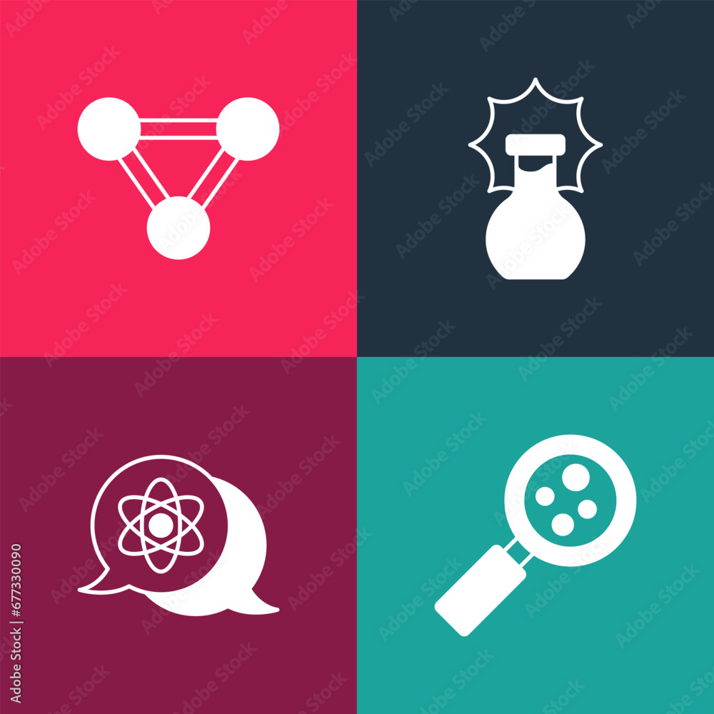 Poster set pop art microorganisms under magnifier, atom, explosion in the flask and molecule icon. vector