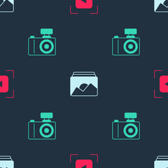 Set Camera focus frame line, Photo and camera on seamless pattern. Vector