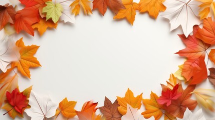 Fall leaves background with orange colorful leaves filling entire frame. Seamless Bright Fall Autumn Leaves Border. Autumn leaves border frame with space text on transparent background