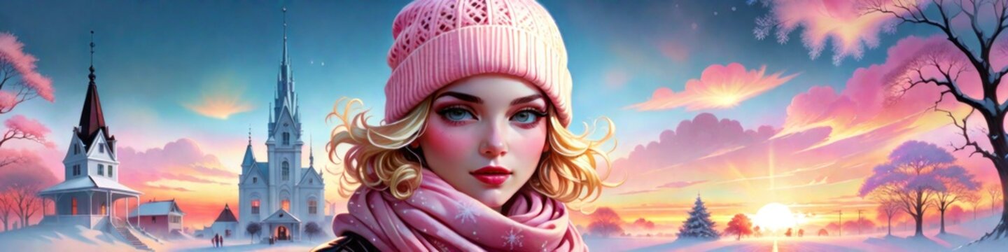 Abstract banner girl on pink winter dawn background, background for your design for Valentine's Day or Women's Day