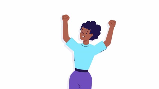 Happy afro girl cheers. Character animation. Bravo, ovation, Congratulations, celebrating success, win. Female raises hands up  greeting and cheering. 2d flat cartoon design