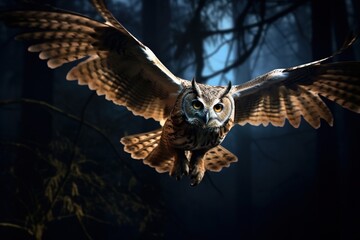 An owl in flight, hunting under the moonlight