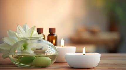 bottles with essential oil and candles on wooden table. Aromatherapy treatment. generative AI