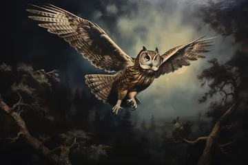 Rolgordijnen An owl in flight, hunting under the moonlight © Dan