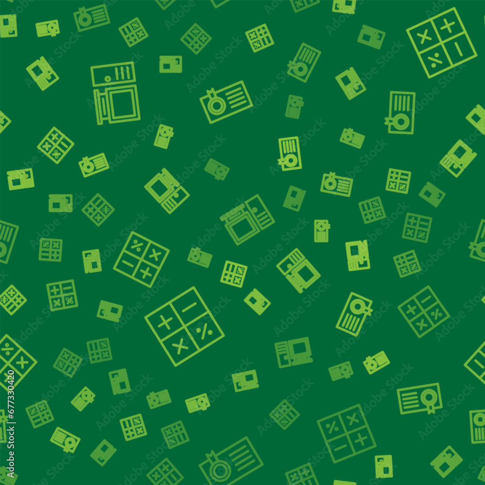 Poster set line computer monitor, calculator and certificate template on seamless pattern. vector