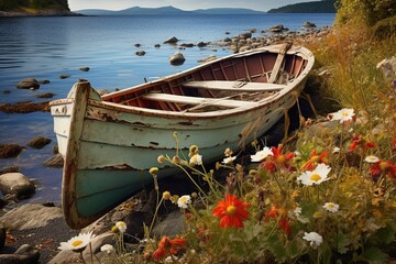 An old, weather-beaten rowboat filled with blooming wildflowers, stranded on the shore