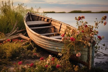 An old, weather-beaten rowboat filled with blooming wildflowers, stranded on the shore