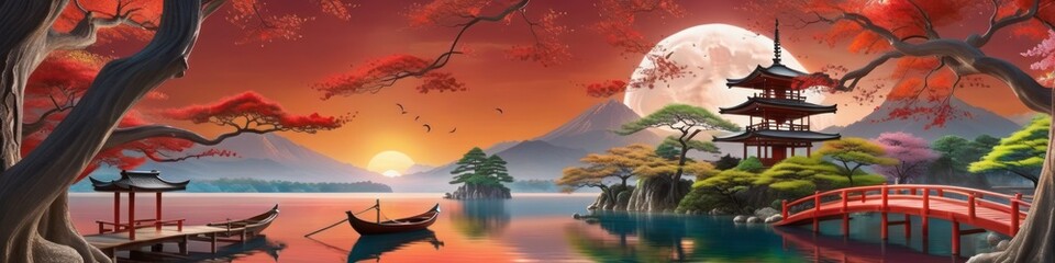 Abstract banner stylized landscape in red tones in Japanese style, background for your design