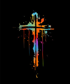colored cross made of blots on a black background. Happy easter. hand drawing. Not AI, Vector illustration