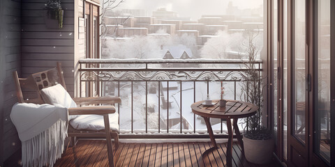 Cozy terrace with wooden table and chair  in winter