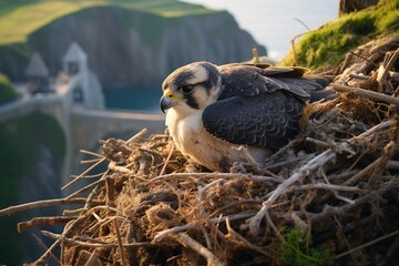 A peregrine falcon feeding chicks in cliffside nest