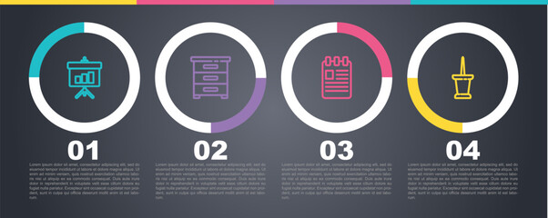 Set line Chalkboard with diagram, Drawer documents, Spiral notebook and Push pin. Business infographic template. Vector