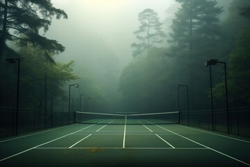 A pristine tennis court enveloped in morning mist
