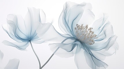  a close up of a blue flower on a white background with a blurry image of a flower in the background.