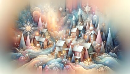 Naklejka premium Enchanted Snowy Christmas Village with Glistening Snowflakes and Frosty Trees