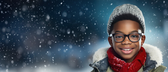 Winter themed boy wearing glasses with room for copy space created with Generative AI technology - obrazy, fototapety, plakaty