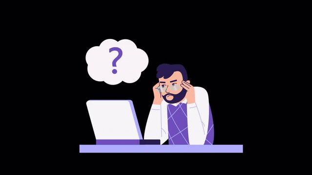 man looking at computer, thinking and looking for answer. uncertainty, question, no solution. ALPHA channel Character animation. despair, frustration on his face. Brainstorm, difficult task