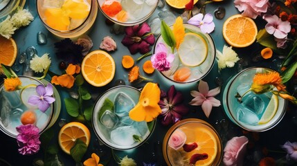  a table topped with glasses filled with different types of drinks and flowers on top of a blue table covered in oranges, pinks, purples and yellows. - Powered by Adobe