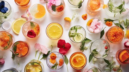  a table topped with lots of glasses filled with different types of drinks and flowers on top of each of the glasses. - Powered by Adobe