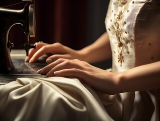 Close up of woman's hand on a vintage sewing machine