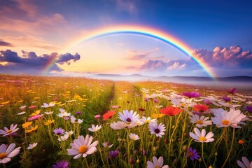 A rainbow arcing over a field of blooming wildflowers