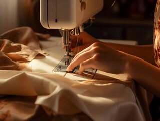 Females hands and a white sewing machine, close up sewing process - obrazy, fototapety, plakaty