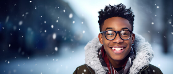Winter themed teen boy wearing glasses with room for copy space created with Generative AI technology - obrazy, fototapety, plakaty