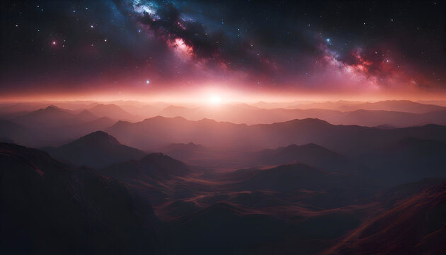 Beautiful fantasy landscape with mountains and nebula. 3d rendering