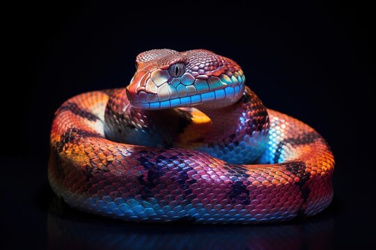 A rainbow boa displaying its iridescent scales under soft lighting