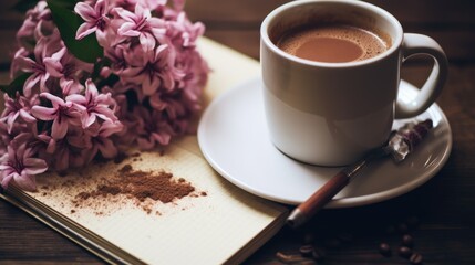  a cup of coffee sitting on top of a saucer next to a pile of coffee beans and pink flowers.